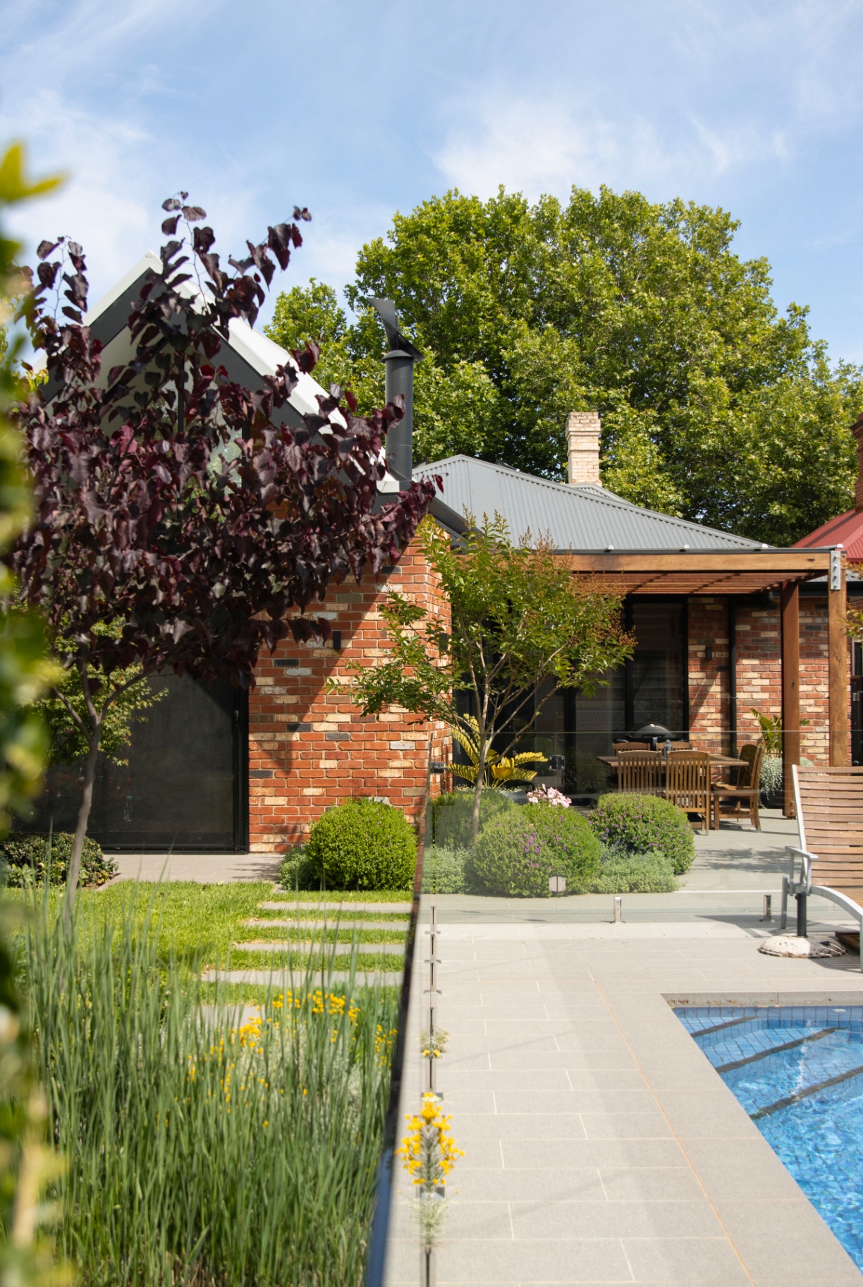 Contemporary residential landscape with bluestone paving and native planting